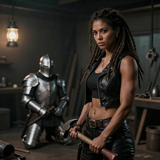 Muscular Woman in Gritty Workshop Scene