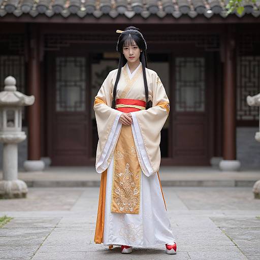 Photograph of an Asian woman in traditional kimono with black hair, red sash, white and gold robe, standing in front of a traditional Japanese