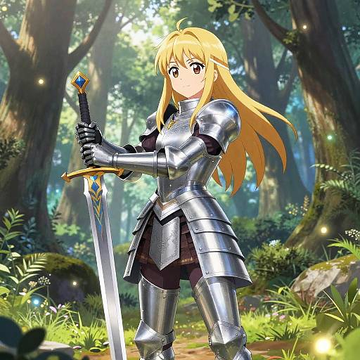 Anime-style blonde warrior woman in silver armor, holding a sword, stands in a sunlit forest with glowing fireflies.