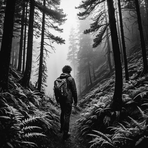 Curly-Haired Botanist in Foggy Forest