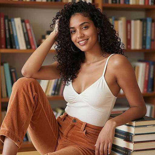Smiling Woman in Casual Book Setting