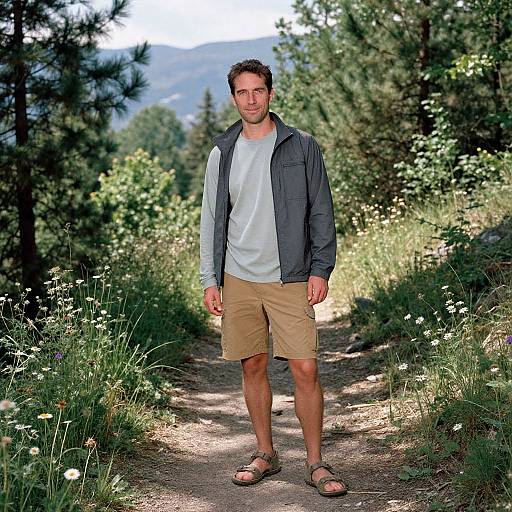 Photograph of a young man with short brown hair, wearing a gray jacket, light blue shirt, beige shorts, and sandals, standing on a sunny