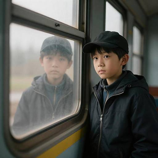 Contemplative Boy in Vintage Train Car