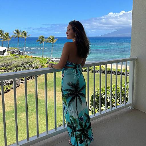 Photograph of a woman with long brown hair, wearing a blue, palm-patterned, backless dress, standing on a balcony overlooking a vibrant tropical