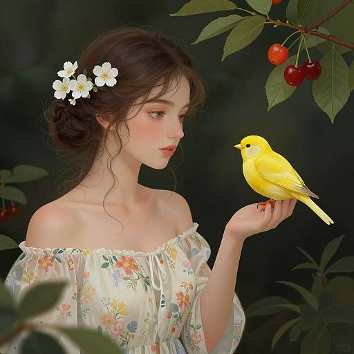 Digital painting of a fair-skinned woman with dark hair, white flowers, floral off-shoulder dress, gently holding a bright yellow bird, surrounded