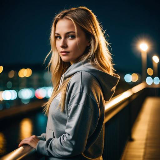 Young Woman in Hoodie at Night with Bokeh Lights