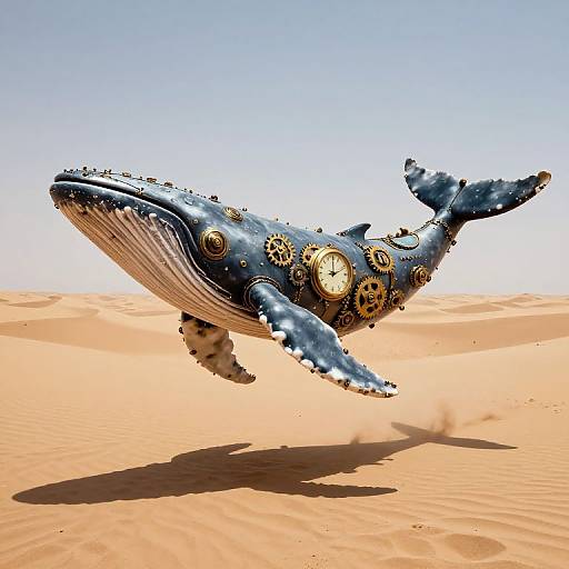 Steampunk Whale Soaring Over Desert
