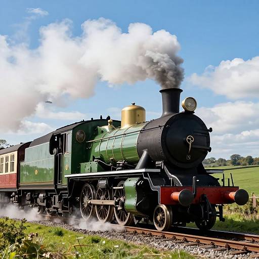 Photograph of a vintage green steam locomotive with black and red accents, emitting white smoke, traveling through a bright, cloudy countryside.