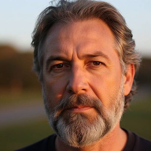 Close-up photograph of a middle-aged man with gray hair and beard, wearing a black shirt, in soft evening sunlight.