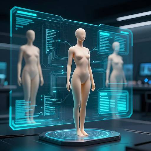 Digital CGI image of a nude, featureless human figure on a hexagonal platform, surrounded by glowing blue holographic screens in a futuristic lab.