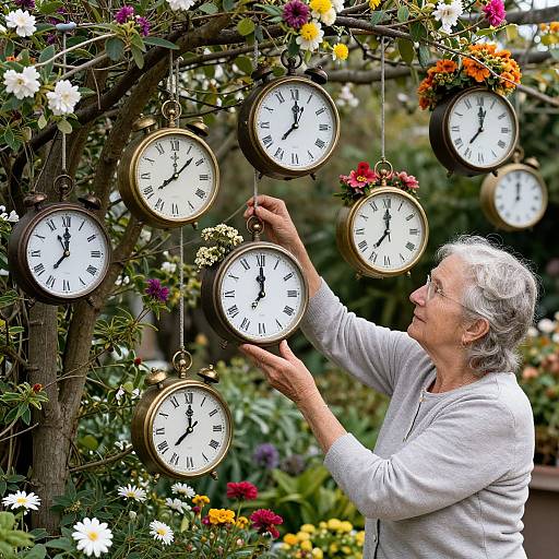 Elderly woman with gray hair adjusts vintage clock faces hanging on a blooming garden tree. Bright flowers and lush greenery surround her. Photograph.