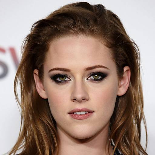 Close-up photograph of a fair-skinned woman with green eyes, light brown wavy hair, and subtle makeup, set against a white background.