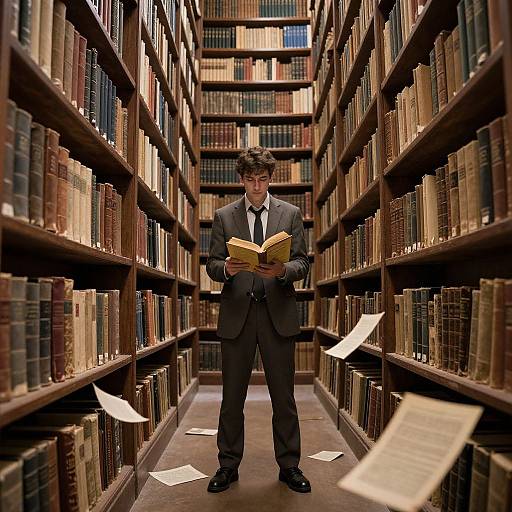 Photograph of a young man in a dark suit reading a yellow book in a narrow library aisle with floating papers.
