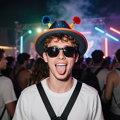 Photograph of a young man with curly brown hair, wearing a glittery hat with pom-poms, black sunglasses, white shirt, and black straps
