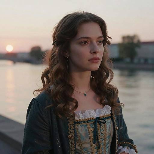 Photograph of a young woman with wavy brown hair, wearing a Victorian-style dress with lace, standing by a river at sunset.
