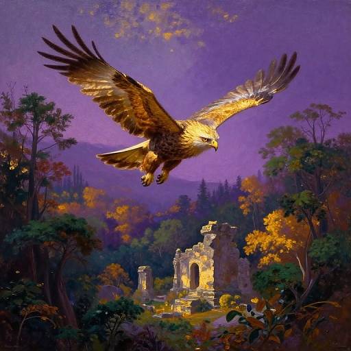 Digital painting of a majestic golden eagle with outstretched wings soaring above a glowing, ancient ruins in a vibrant, purple-hued forest.