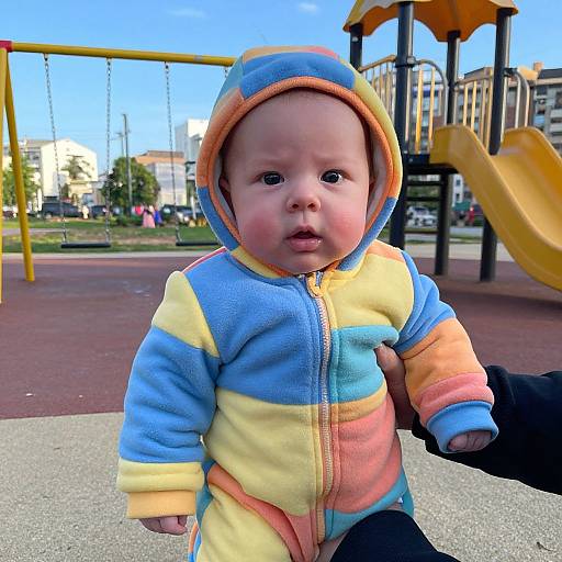 Photograph of a baby with fair skin, wearing a colorful striped hooded fleece, sitting in a playground with yellow slide and swing set in the background