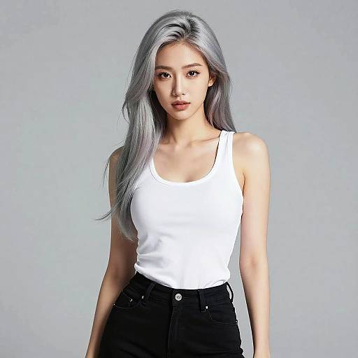 Digital CGI portrait of an Asian woman with long silver hair, wearing a white tank top and black high-waisted pants, against a plain light gray