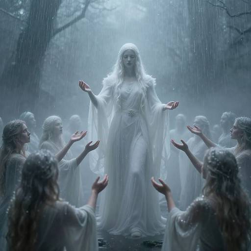 Photograph-like digital art of ethereal, white-robed woman with long hair, standing center in misty forest, surrounded by adoring, similarly
