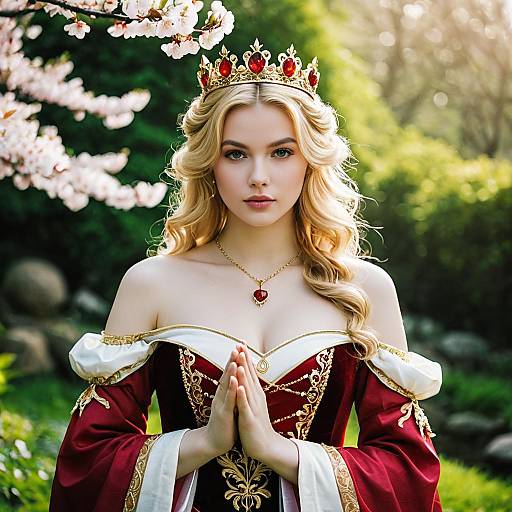 Young Woman in Red and Gold Medieval Dress with Crown