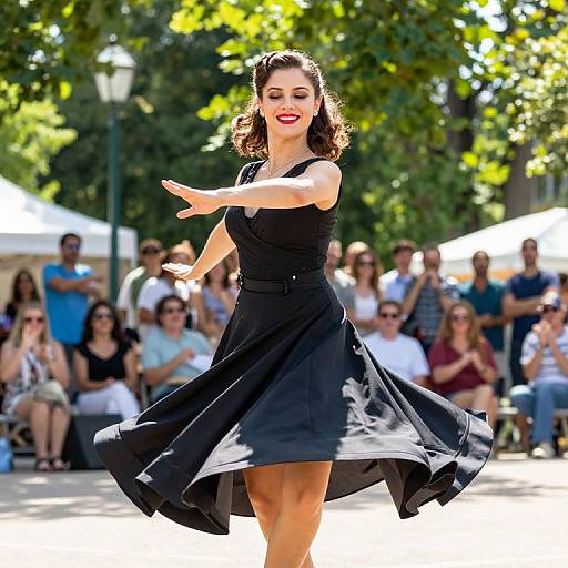Photograph of a smiling, red-lipped woman with wavy brown hair, wearing a black sleeveless dress, dancing outdoors in front of a sun