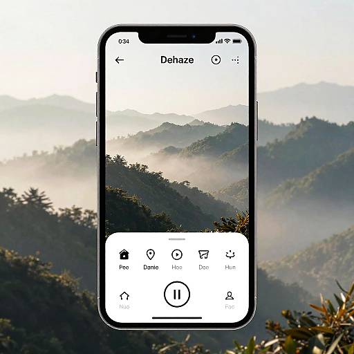 Photograph of a smartphone displaying a misty mountain landscape with layered green hills and fog, overlaid on a white interface.