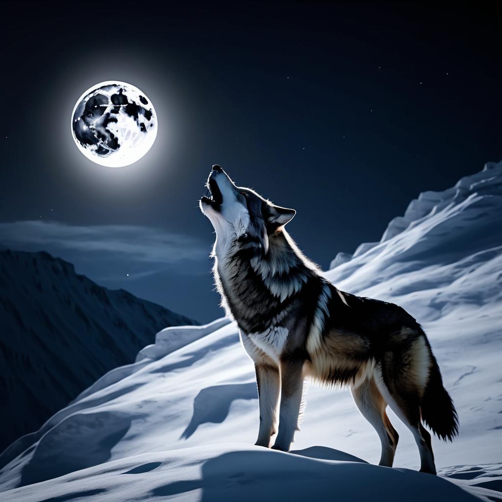 Eerie Wolf Howling at Moonlit Snow