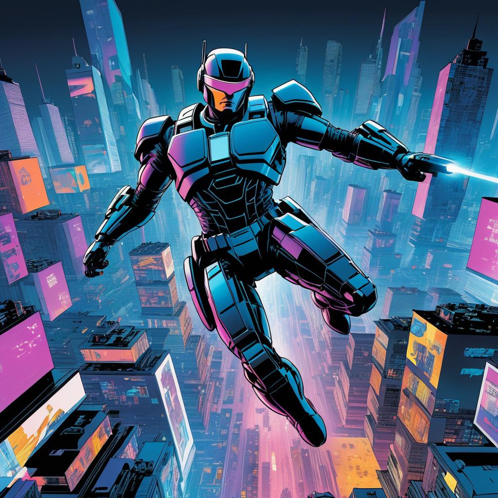 Dynamic RoboCop Soaring Over Futuristic City