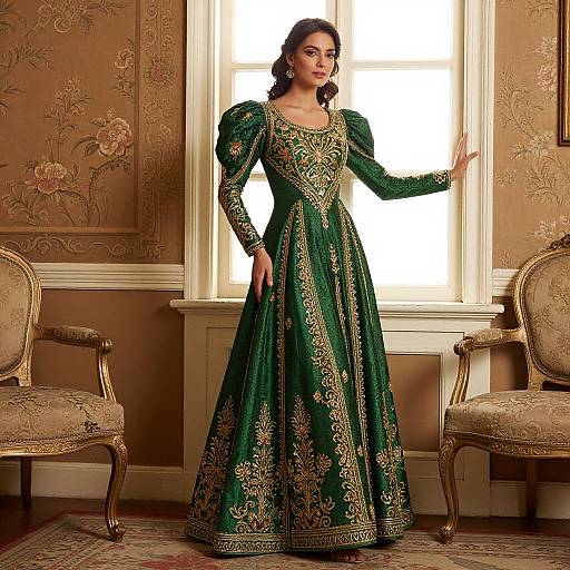 Photograph of a woman in an ornate, green and gold traditional Indian dress, standing in an elegant, vintage room with floral-patterned walls and