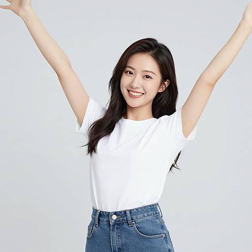 Photograph of an Asian woman with long black hair, smiling, wearing a white t-shirt and high-waisted blue jeans, arms raised joyfully