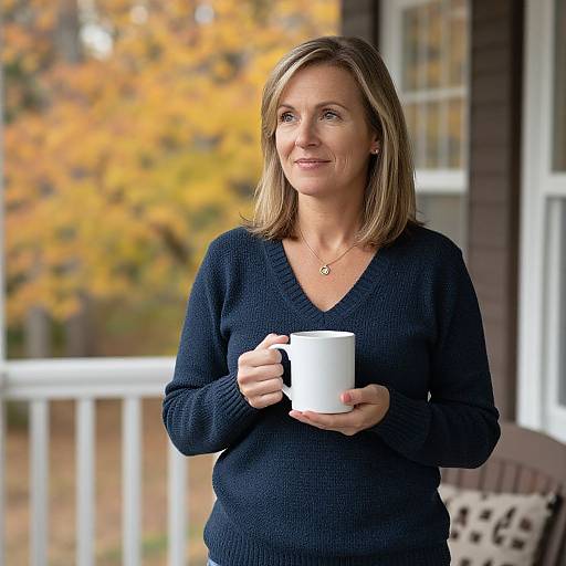 Photograph of a smiling middle-aged woman with shoulder-length blonde hair, wearing a navy blue sweater, holding a white mug, standing on a porch with