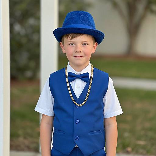 Photograph of a young boy with fair skin, brown hair, wearing a blue vest, bow tie, white shirt, gold chain, and matching blue