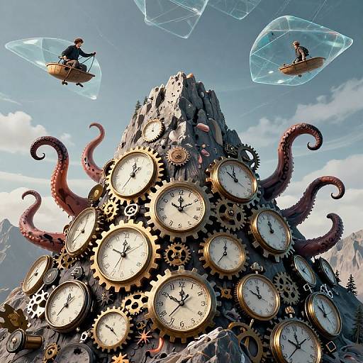 Digital art of a clock mountain with tentacles, gears, and two flying steampunk skiers in transparent bubbles against a blue sky.