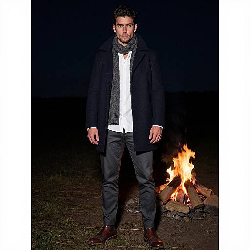 Man by Campfire in Stylish Winter Wear