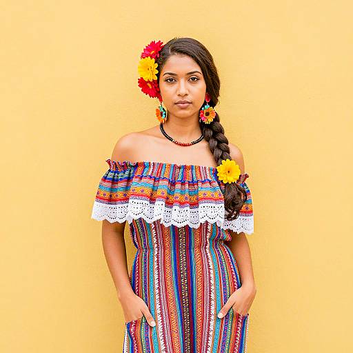 Young Woman in Colorful Off-the-Shoulder Dress