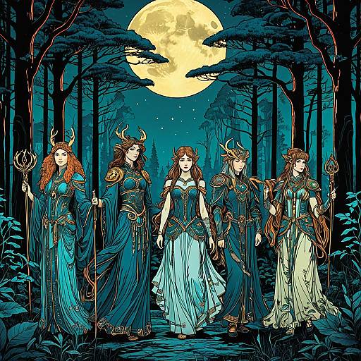 Mythical Forest Guardians Under Full Moon