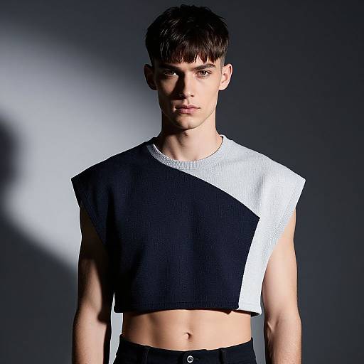 Photograph of a slim, young white male model with short brown hair, wearing a black and white asymmetrical sleeveless crop top, standing against a