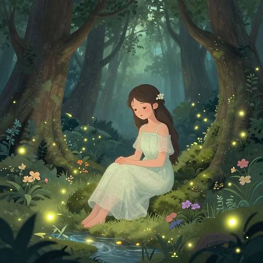 Serene Forest Spirit Amid Glowing Fireflies
