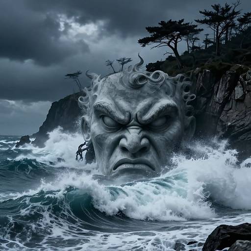 Digital artwork of a fierce, grey stone-faced monster emerging from turbulent ocean waves, with stormy clouds and rocky cliffs in the background.