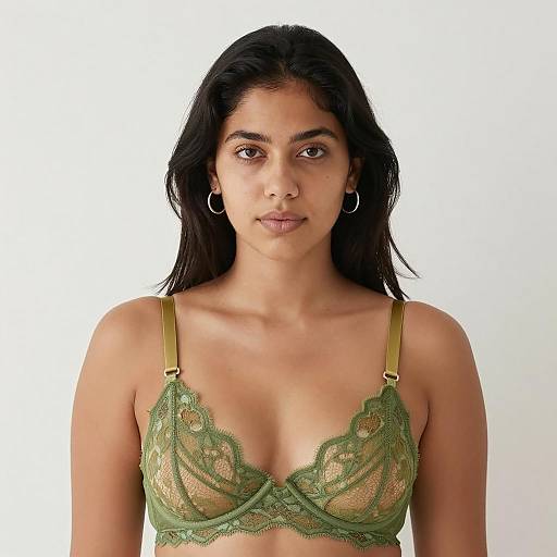 Woman in Green Lace Bra with Gold Straps