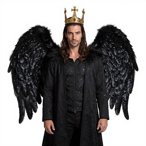Photograph of a long-haired man in a black coat and crown, with large black feathered wings, standing against a white background.