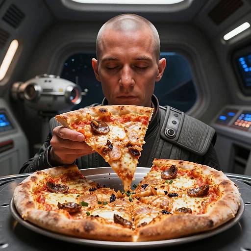 Man Holding Pizza Slice Inside Starship