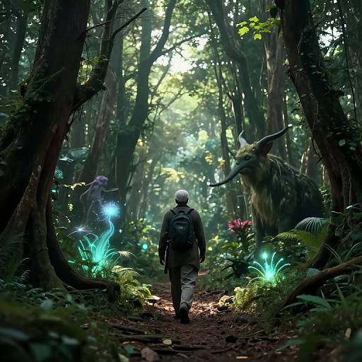 Photograph of a forest path with a hiker in a backpack, facing a glowing creature and ethereal lights amidst tall trees.