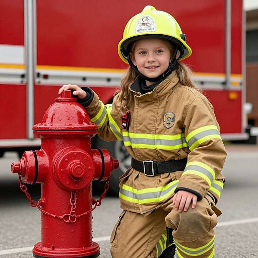 Photograph of a smiling young girl in a yellow helmet and tan firefighter uniform, standing beside a red fire hydrant, with a red fire truck in