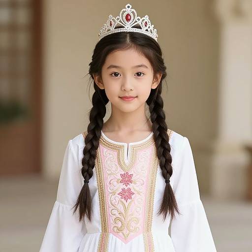 Photograph of a young Asian girl with black braided hair, wearing a silver tiara and white dress with pink embroidery, standing in a blurred,