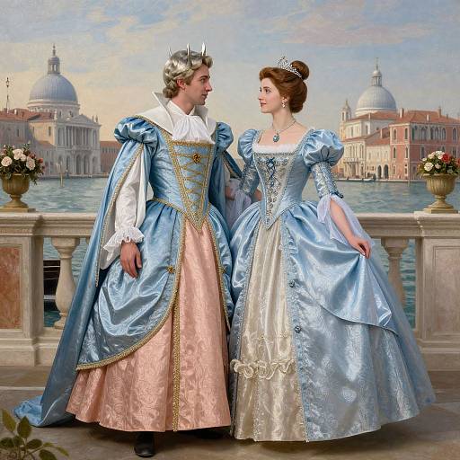 Renaissance-style painting of a regal couple in blue and pink satin gowns, standing on a balcony with Venetian architecture.