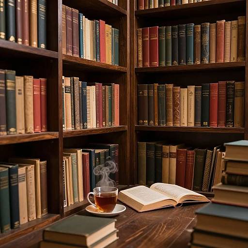 Photograph of a cozy library corner with dark wooden shelves filled with colorful books, an open book on a wooden table, and a steaming cup of