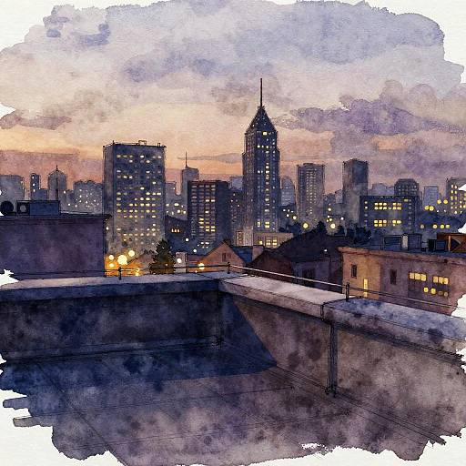 Dusky Rooftop Terrace Watercolor Sketch