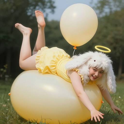 Photograph of a young woman with white curly hair, yellow halo, and dress, lying on a large yellow balloon, holding a yellow balloon, outdoors
