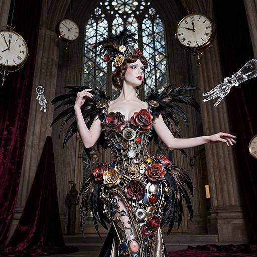 Digital art of a fair-skinned woman in an intricate, steampunk-inspired black gown adorned with colorful roses and feathers, surrounded by clock faces and